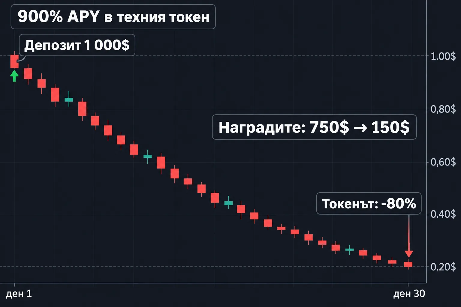 Графика на токена за награди: -80% за месец, наградите падат от 750$ на 150$