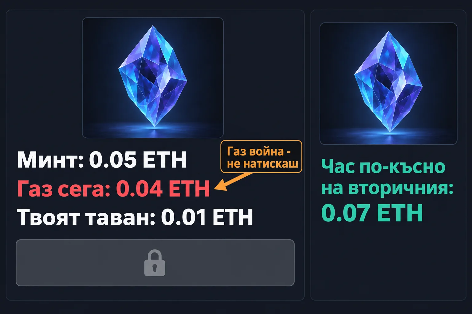 Минт страница по време на газ война: газ 0.04 ETH при таван 0.01 ETH, вторичният пазар е 0.07 ETH