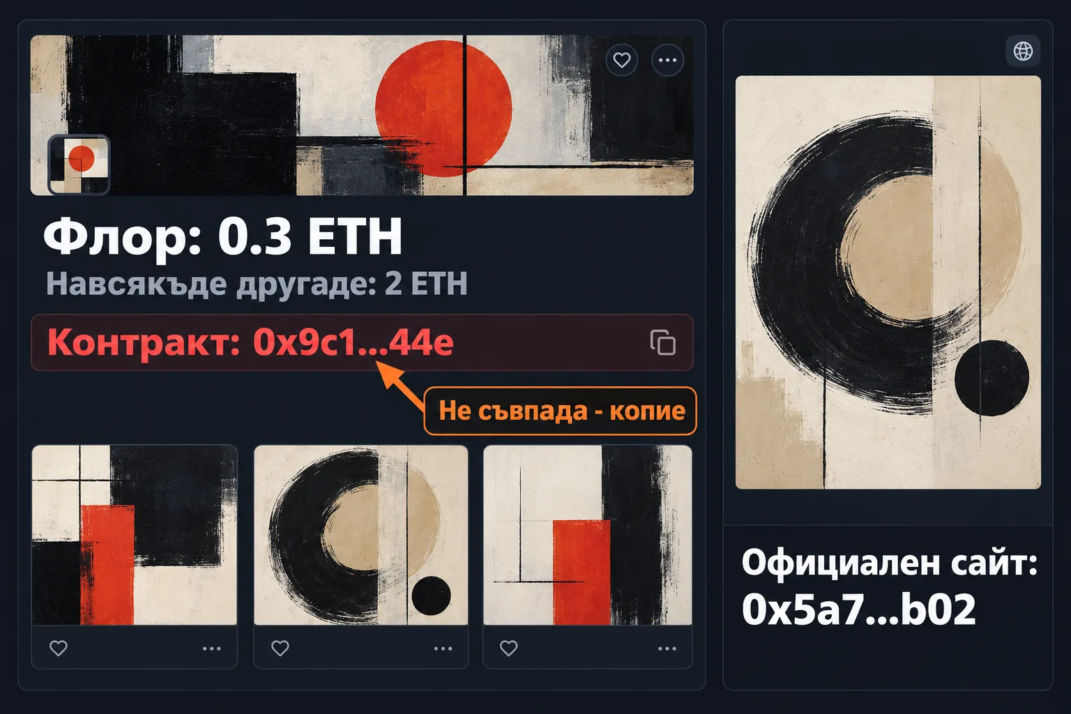 Колекция на маркетплейса с флор 0.3 ETH и адрес на контракта, който не съвпада с официалния