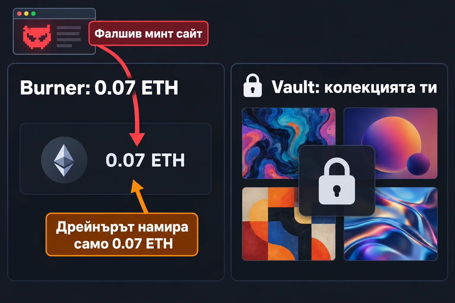 Burner wallet с 0.07 ETH и отделен vault wallet с колекцията