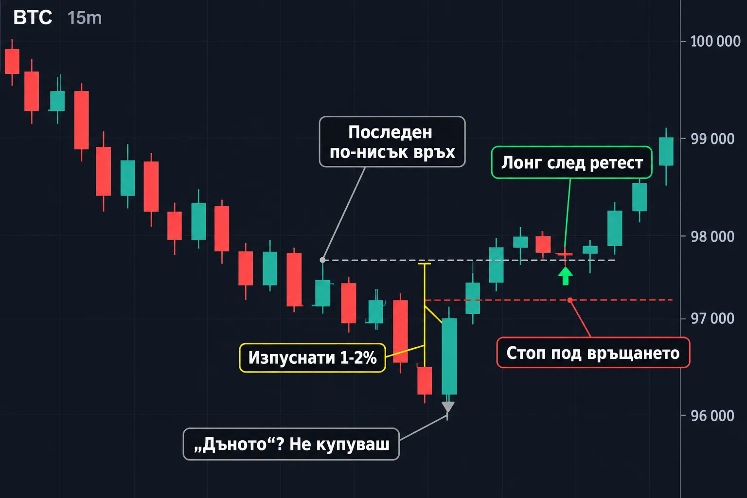 BTC пада цял ден, пробива последния по-нисък връх, ретест и лонг след него