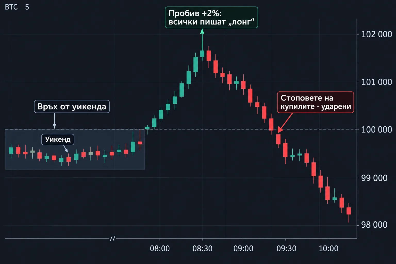 Понеделник сутрин BTC пробива върха от уикенда с 2%, час по-късно е под него и стоповете са ударени