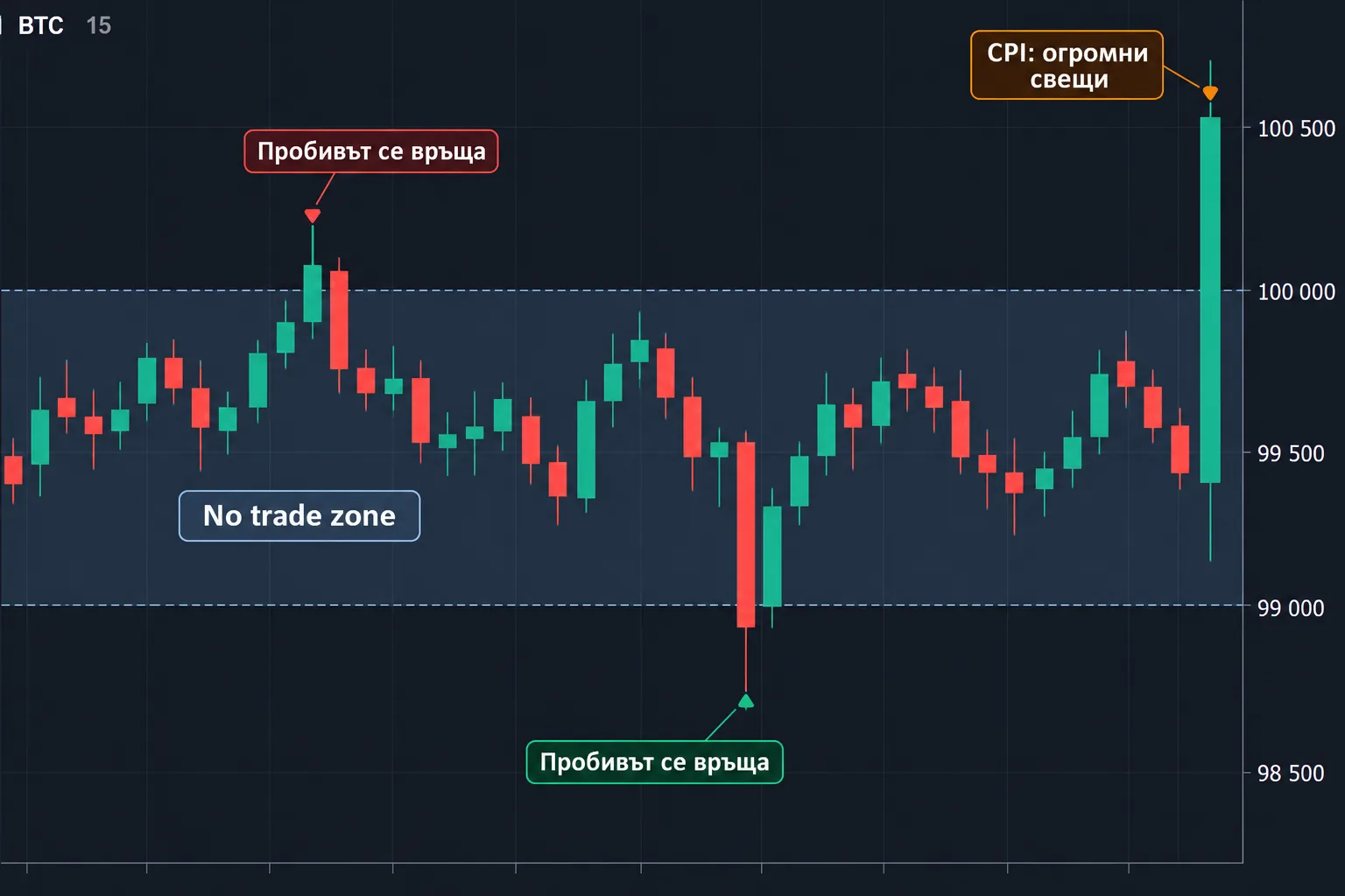 BTC цял ден между 99 000$ и 100 000$, всеки пробив се връща - no trade zone