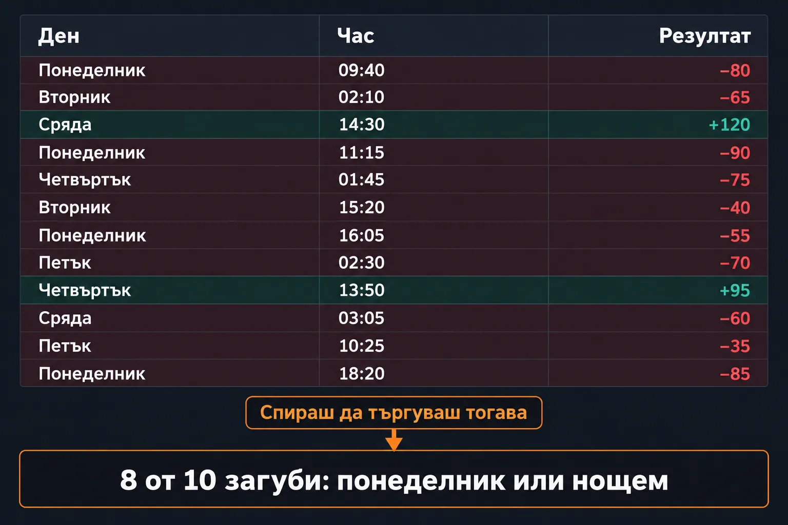Дневник с 30 трейда: 8 от 10 загуби са в понеделник или късно през нощта
